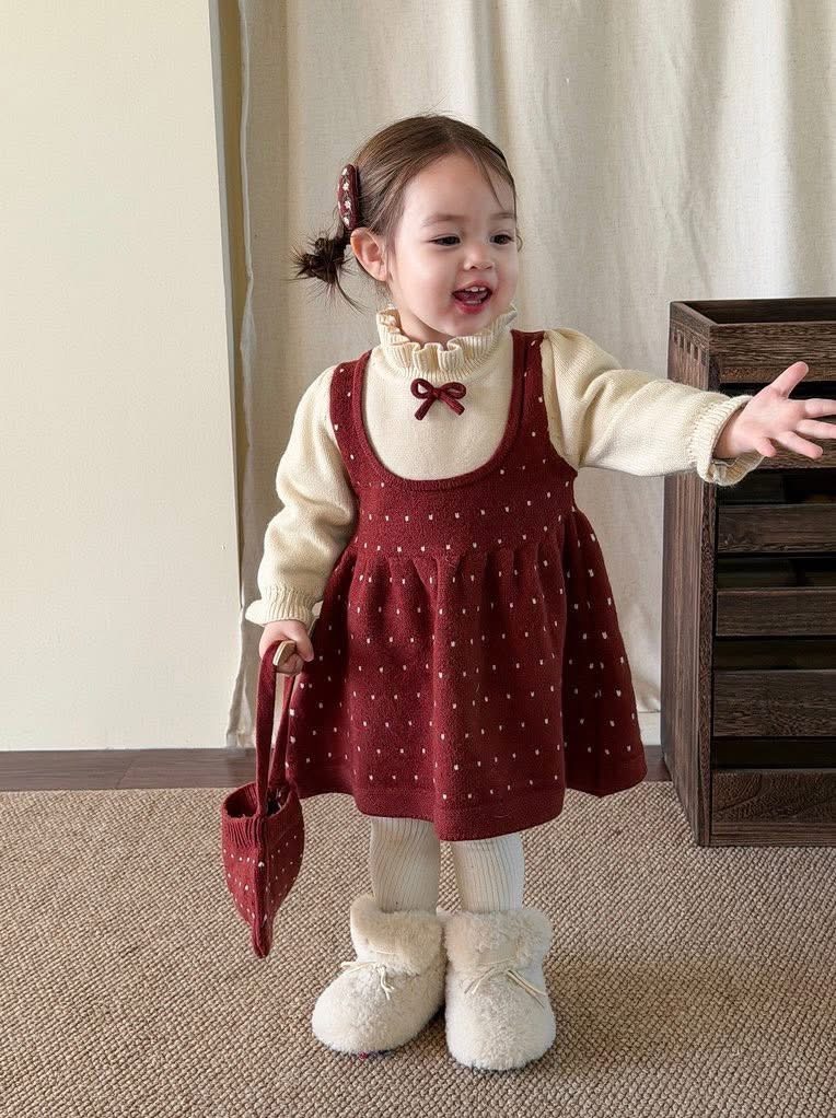 女寶點點針織假兩件洋裝+小包包