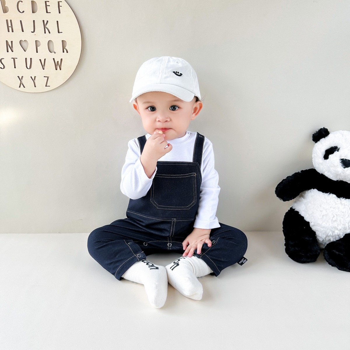 牛仔假兩件口袋爬服