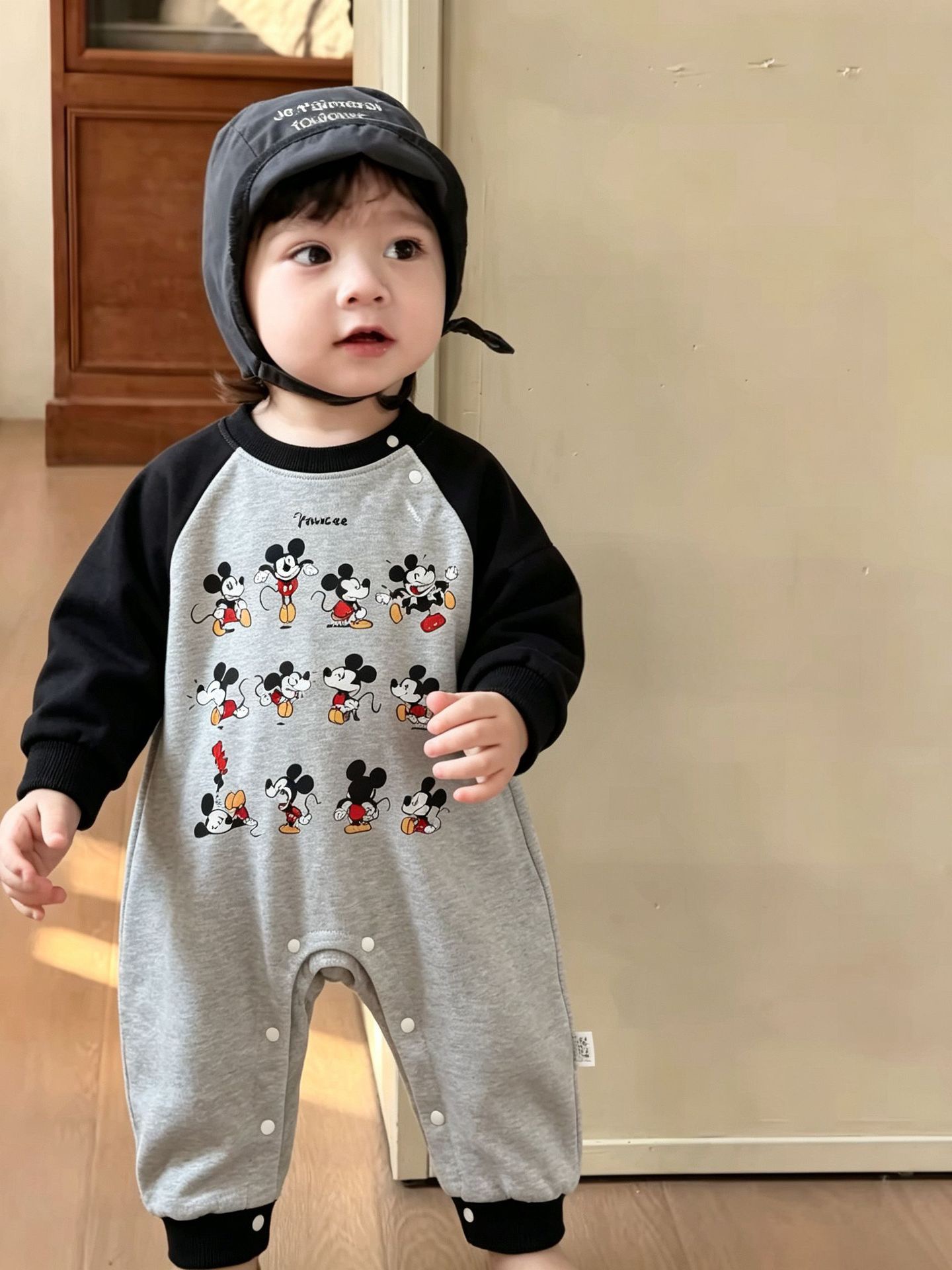 米奇拼色連身爬服