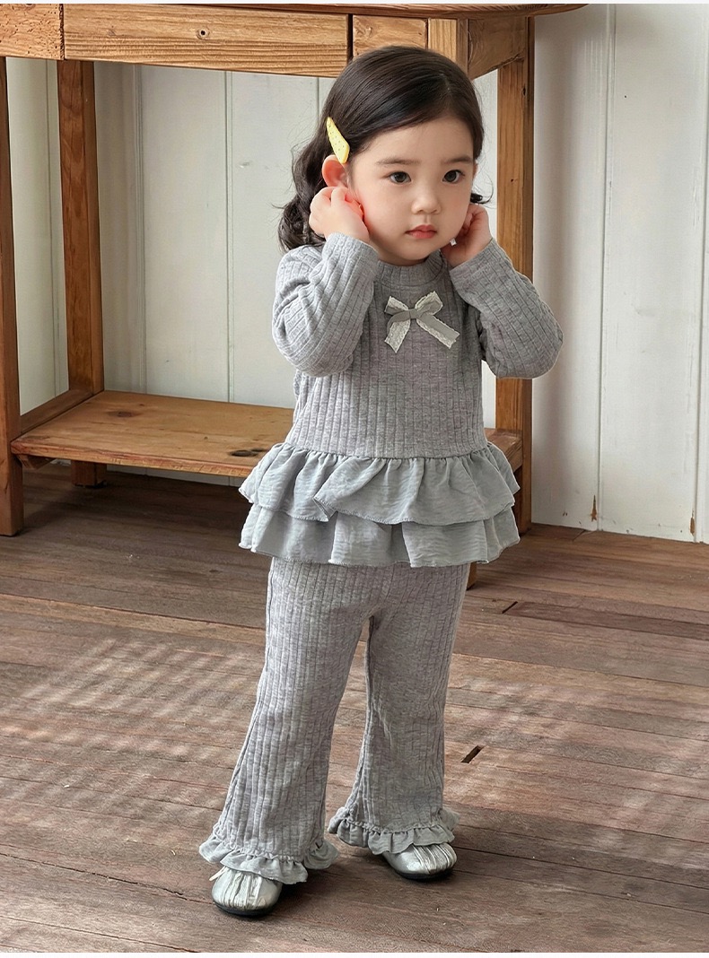 坑條蝴蝶結上衣+長褲套裝