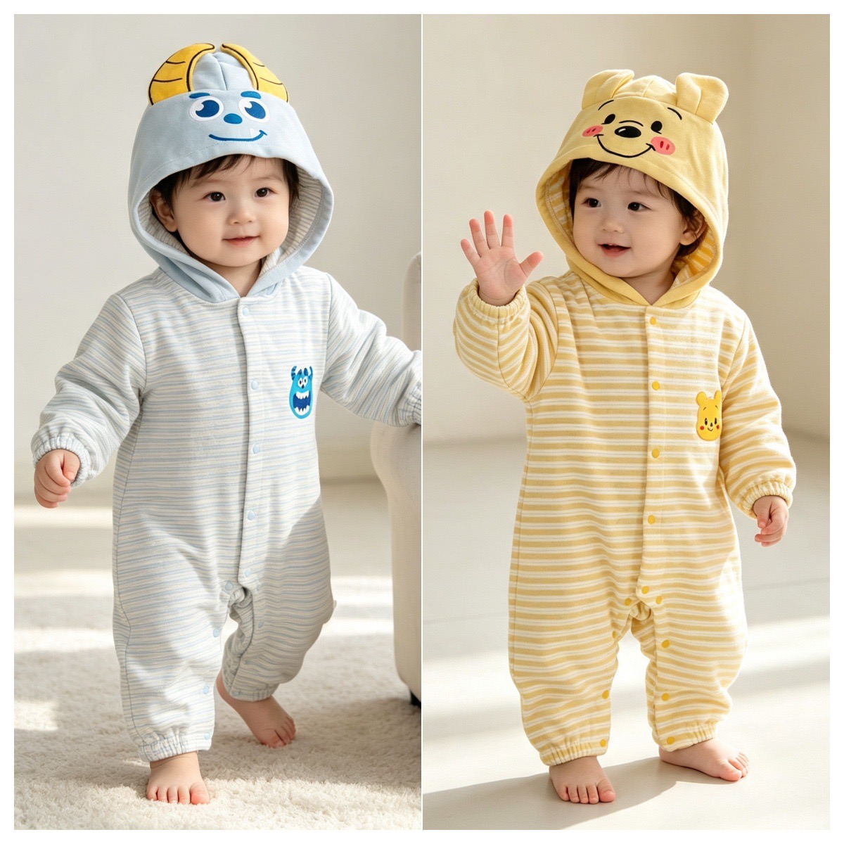 毛怪維尼條紋連帽爬服